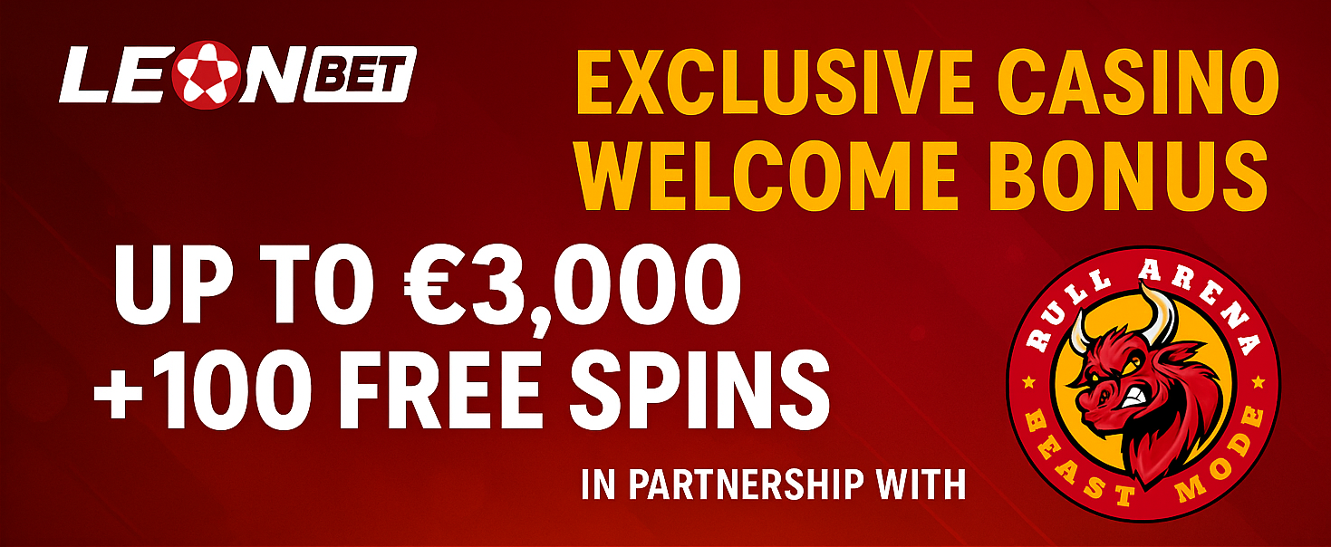 LeonBet exclusive casino welcome bonus up to €3,000 + 100 free spins, in partnership with Bull Arena
